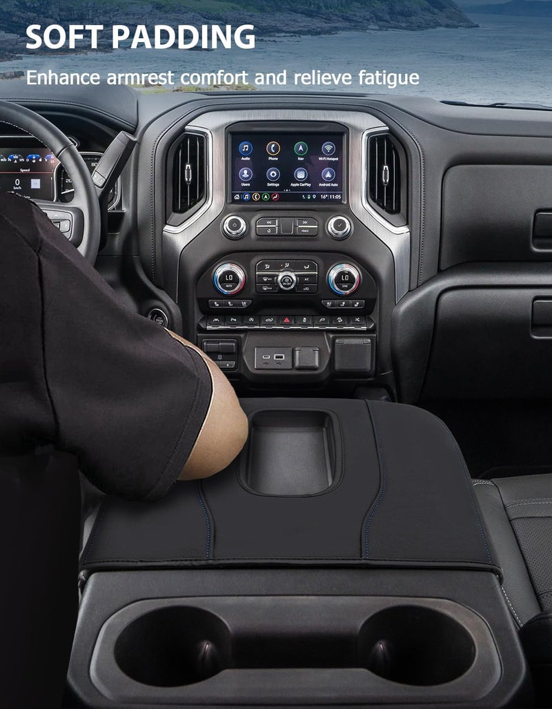 Eaglecover Center Console Armrest Cover for Chevy Silverado 1500 Accessories & GMC Sierra 2019-2026, Yukon & Tahoe & Suburban 2021-2026, Bucket Seat, PU Leather Middle Console Lid Cover Pad, Black-Blue Stitch - Image 3